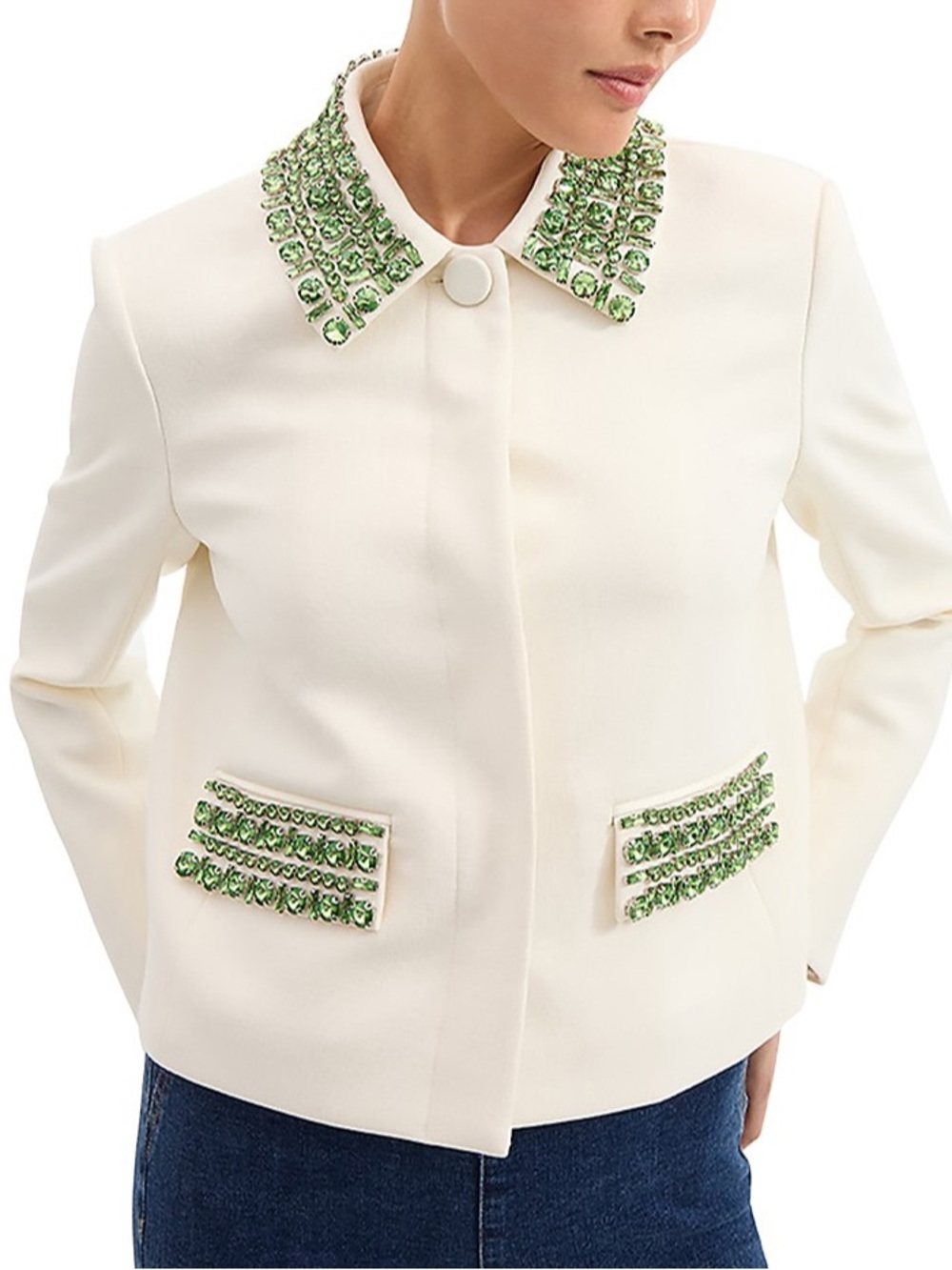 Veronica Beard Cream Jacket with Green Crystal Embellished Collar